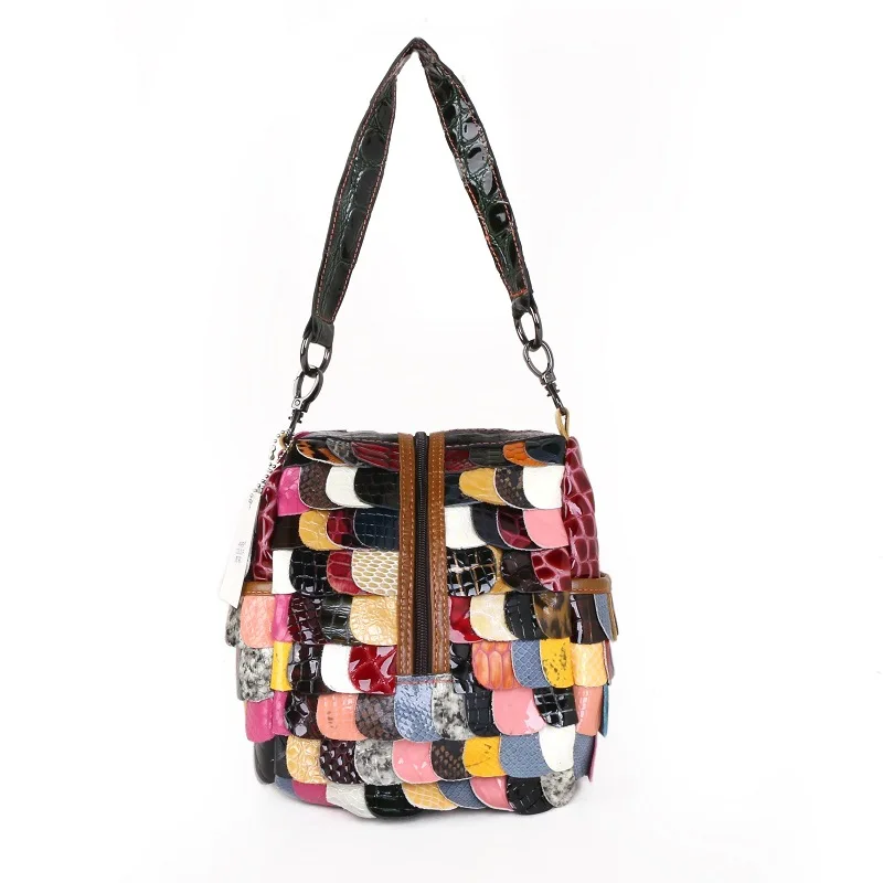 

Retro Genuine Leather Large Capacity Tote for Women Cow Leather Patchwork Shoulder Top-handle Bag Female Casual Studs Handbag