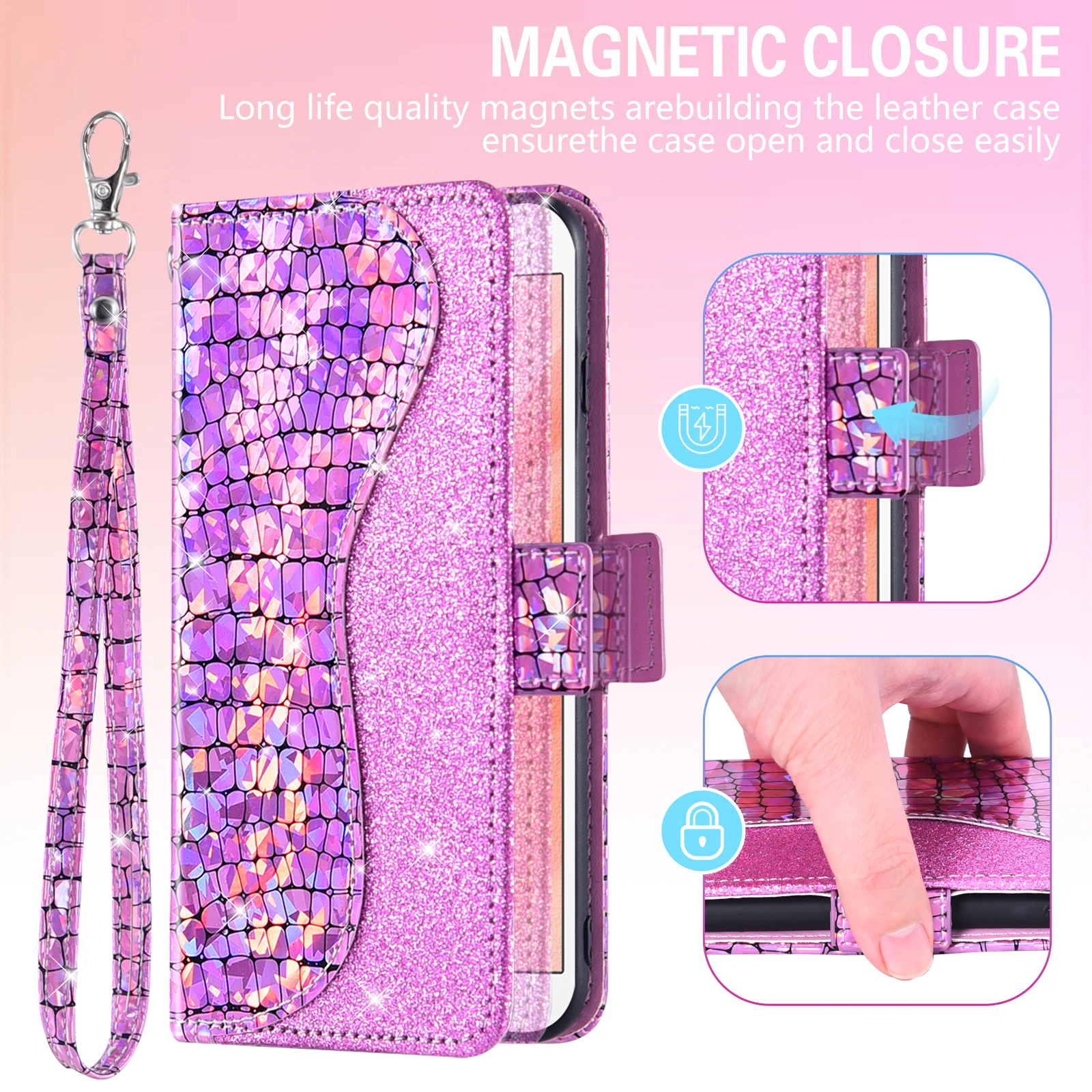 

Sequin Glitter Flip Cover Leather Wallet Phone Case For Honor X8 50 20 10 9 8A 8E 7A Lite Pro 8S Y5 Play 3E 9X 7C Magic3 V10 V20