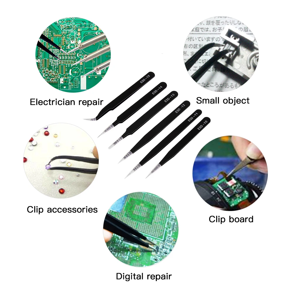 Kit de pincettes en acier inoxydable antistatique ESD, kit de réparation d'entretien de précision, modèle exécutif, outil manuel de bricolage, 2 pièces, 6 pièces