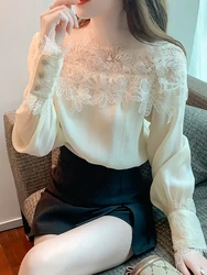 French Vintage Floral Blouses Women Long Sleeve O-Neck Shirts Lace Shirts Famale Sexy Lace Elegant Tops Ladies 2023
