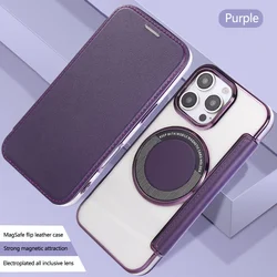 Electroplated Flip Leather Wireless Charging Phone Case with RFID Protection - Luxury Cover for iPhone 15 Pro Max (Purple)
