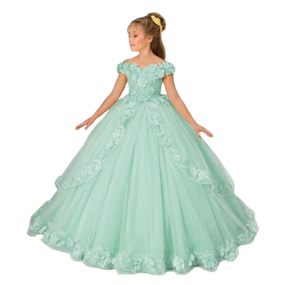 Tulle Flower Girl Dresses For Wedding Off Shoulder Princess Pagenat Dress Long Kids 3D Applique First Holy Communion Party Gowns