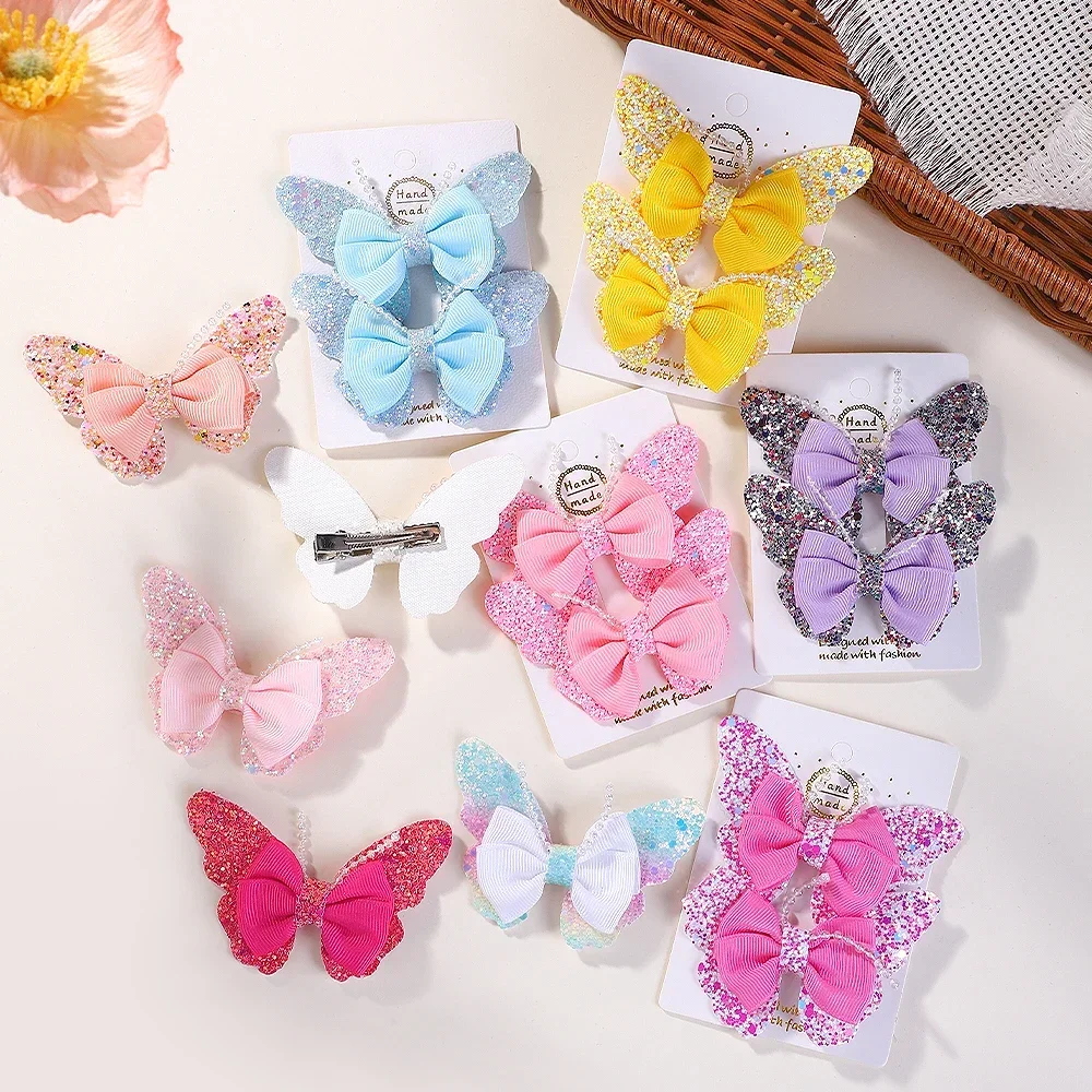 RAINBOW BOWS 3.15'' Glitter Butterfly Hair Clips for Women Girls Hairpins Children Cute Barrettes Kids Head Accessories 2Pcs/lot