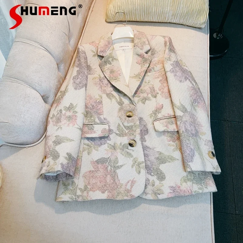

French Design Sense Retro Printing High Grade Blazer Streetwear Early Autumn Women's Clothing New Wool Suit Jacket De Mujer 2023