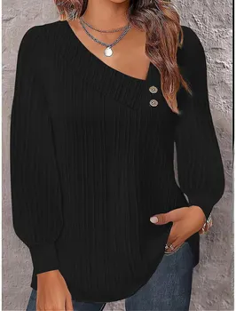 Womens Asymmetrical Neck Ribbed Blouse With Buttons Long Puff Sleeve Casual Loose Tunic Top 1