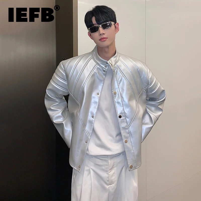 

IEFB Trend Men's Leather Jacket Liquid Silver Avantgarde Pu Coat Fashion Niche Design Loose Silhouette Autumn Personality 9C2480