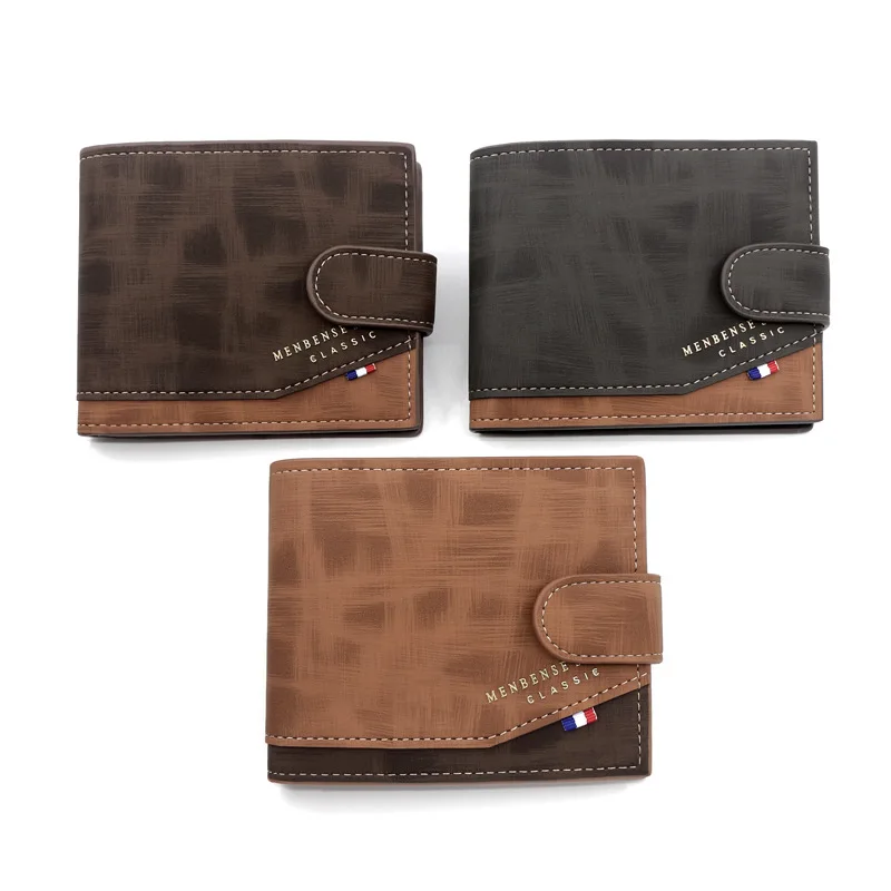 New pattern Men's wallet Korean version gold stamping printing short style buckle hinge three fold bag frosted men's wallet