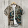 Foreign trade dirty octopus print men's youth short-sleeved luxury lapel shirt linen Hawaiian single-breasted shirt cardigan 1