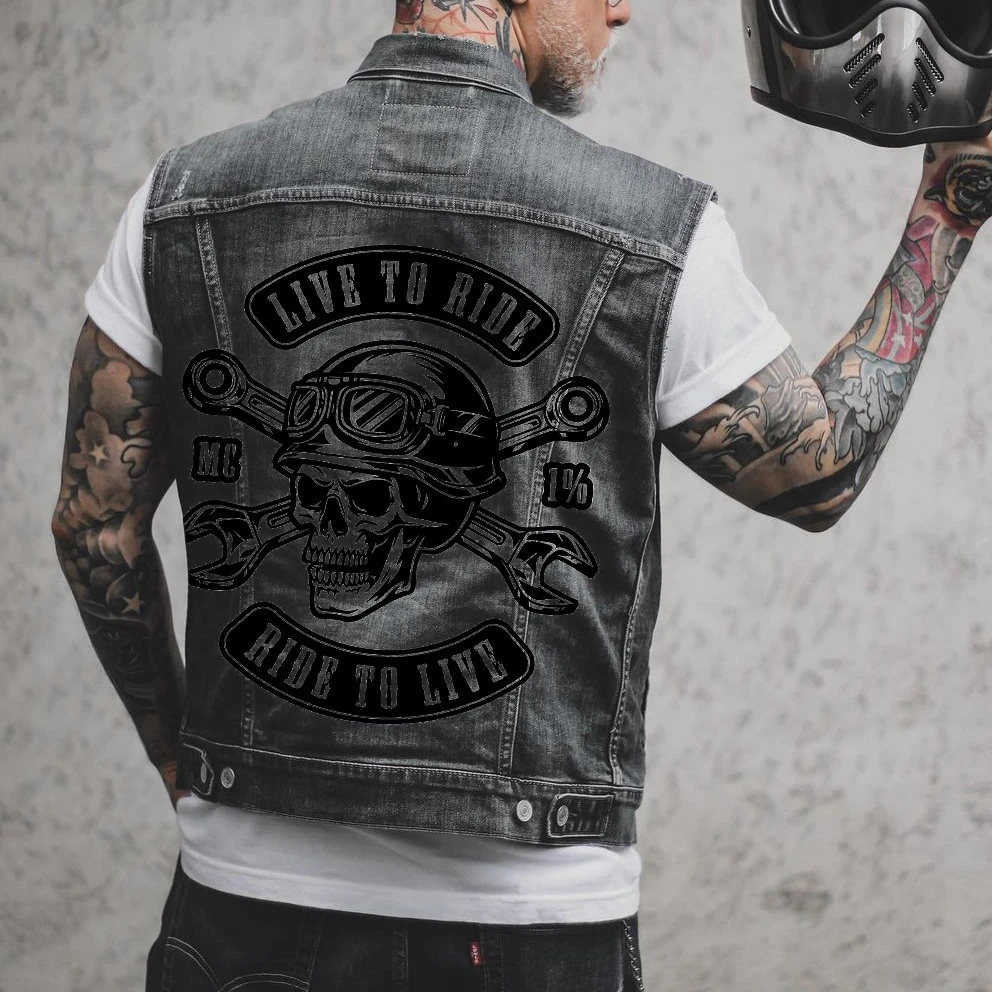 Mens Printed Biker Motorcycle Denim Vest Sleeveless Coat Waistcoat Punk