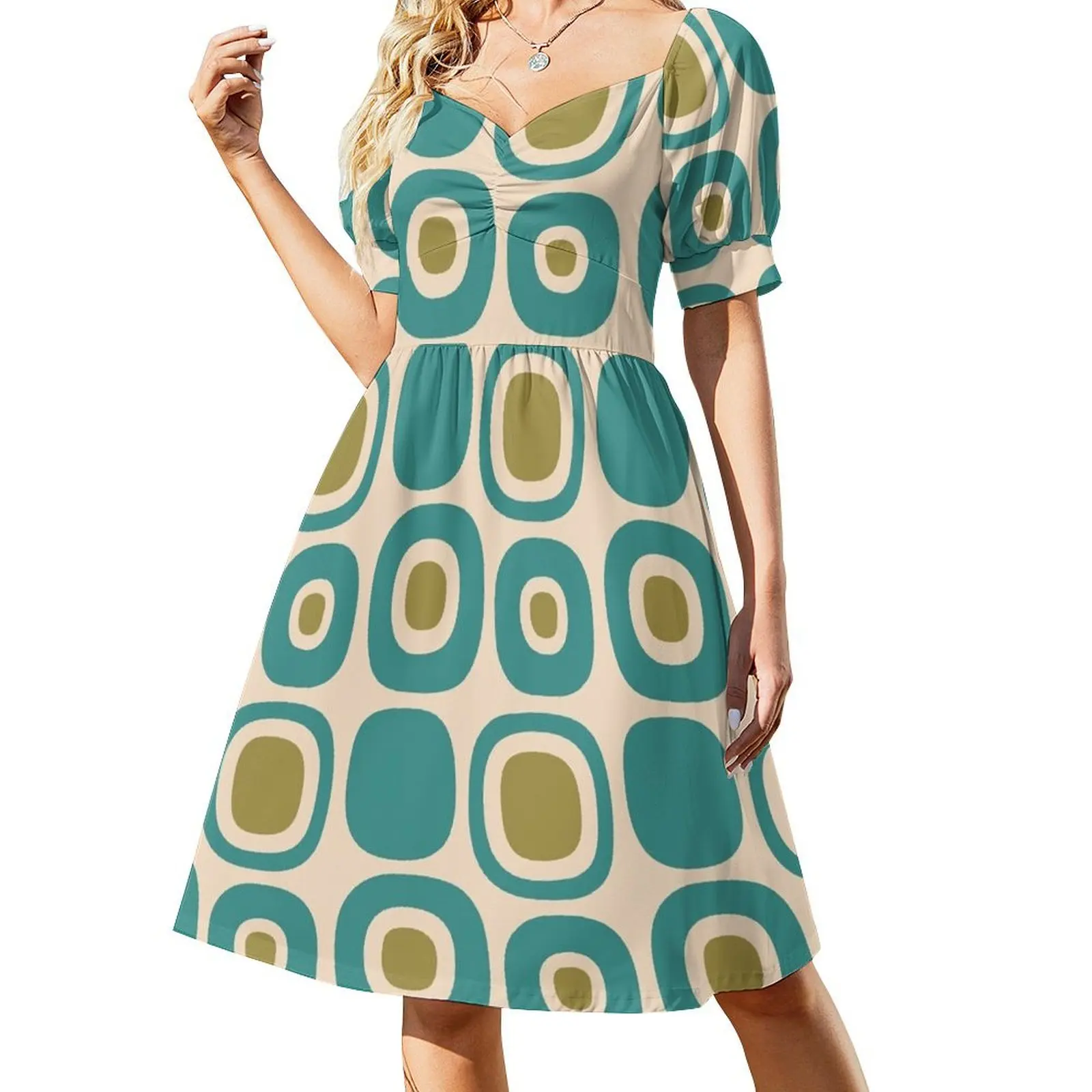 thumbnail image 1 of Vestido de manga corta con patrón de camino de jardín moderno de mediados de siglo retro colorido 147 Vestido de cóctel de vestidos Vestido para niñas Vestido, 1 of 7
