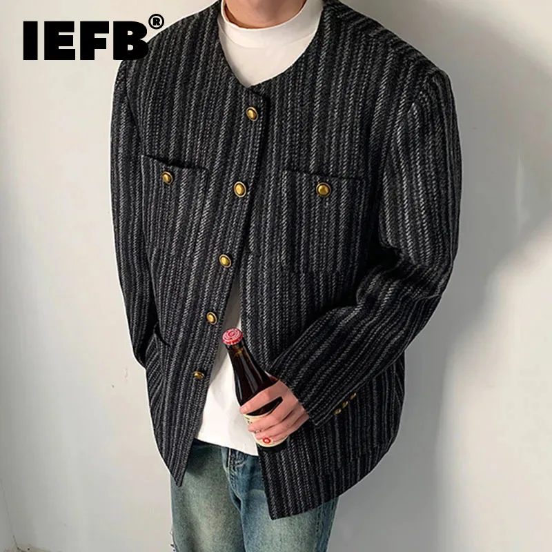 

IEFB Male Jackets Korean Fashion Round Collar Stripe Contrast Color Multi-pocket Design Men's Short Coats Spring New Chic 9C4874