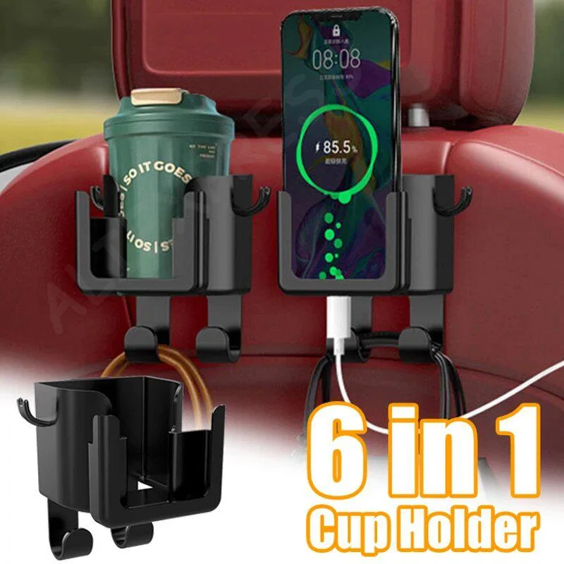 새로운 6 in 1 자동차 컵홀더, 4개의 후크가 있는 헤드레스트 걸이식 음료 홀더, 범용 자동차 뒷좌석 병 홀더, 휴대폰 거치대 포함
