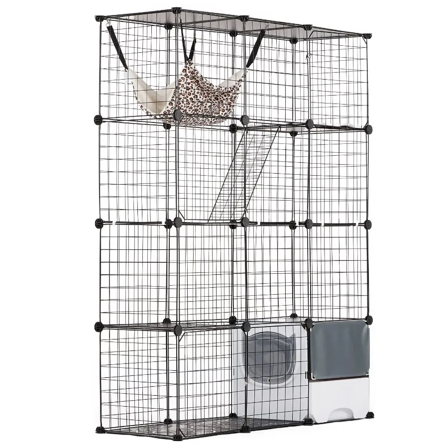 Large 4 Tier Metal Wire Cat Cage 41x14x55 Inch with Hammock Pet Enclosure