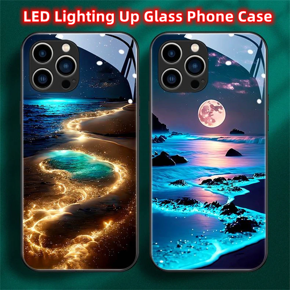 Glowing Meteor Beach Luminous Glass LED Call Light Up Flash Phone Case Cover For iPhone 15 14 13 12 11 Pro Max XR XS Plus 7 8