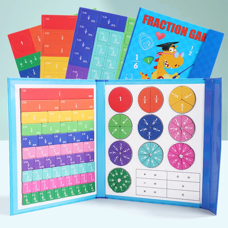 Fraction Math Manipulatives Math Mastery Montessori Magnetic Fraction Puzzles Colorful Wooden Book for Children Arithmetic Learning Teaching Aids