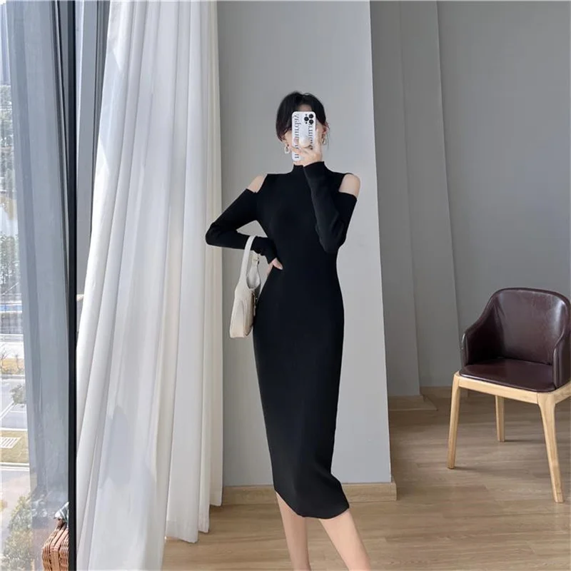 

Women Knitted Dress Vintage Half High Collar Sexy Off Shoulder Sweater Dresses Temperament Slim Long Sleeve Bottom Dresses T455