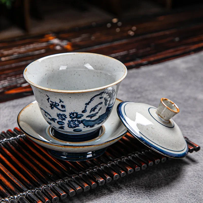 Vintage Firewood Hand Painted Gaiwan Ceramic Blue and White Ceremony Bowl Kung Fu Tea Set Stoneware Brewing Cover Tureen Tea Set