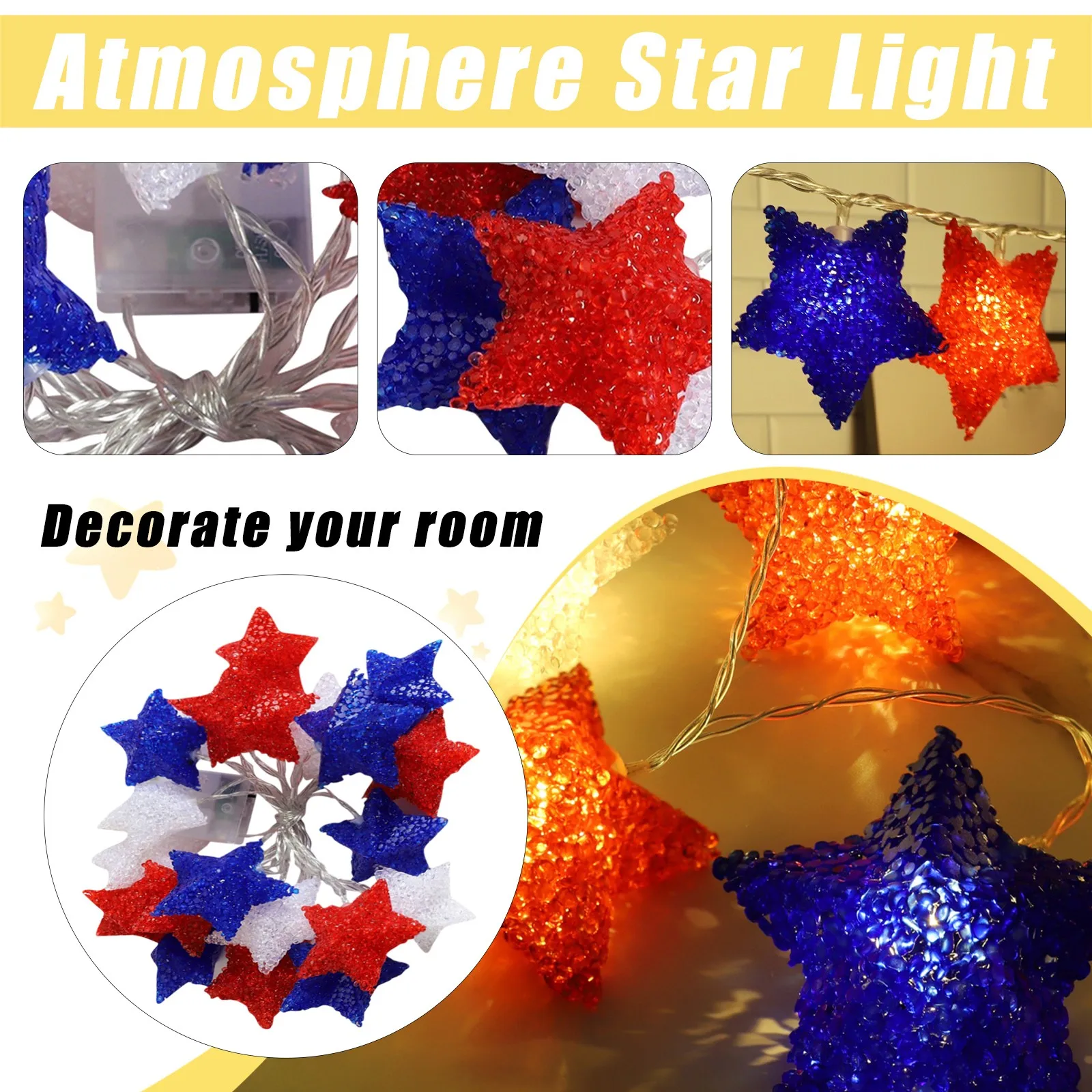 Led Light String American Independence Day Five-Pointed Star Light String Red White And Blue Star Battery Style Lanter