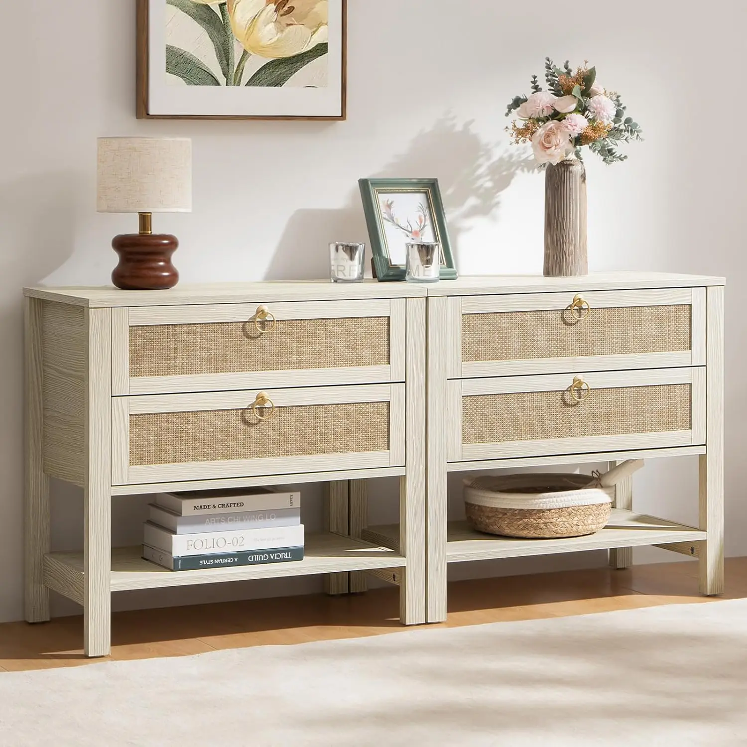 White Night Stand Set of 2, Large Nightstand with Drawers and Storage Shelf-Rattan Boho Bedside Table Narrow Side Table for Be