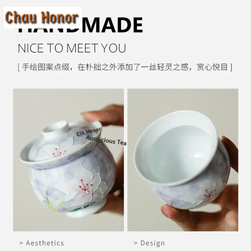 110ML Pure Hand-painted Lily Handheld Gaiwan Antique Tea Tureen Tea Bowl with Lid Kit Tea Maker Cover Bowl Tableware Collection