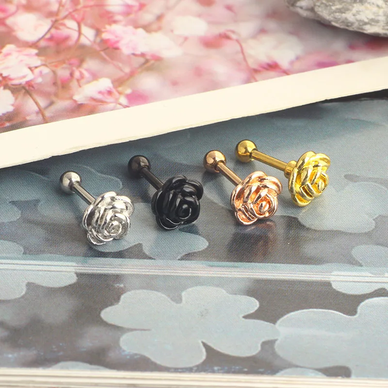 wholesales rose flower cartilage earrings helix barbell lip piercing stud stainless steel lip rings barbell daith jewelry