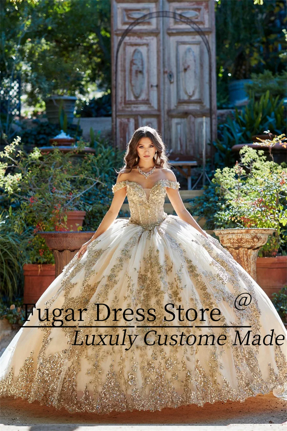 Quinceanera Dresses Birthday Party Prom Princess Ball Gown Lace Appliques Glitter Corset Vestidos De 15 Anos Gold Embroidered