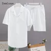 Plus Size 3xl Mens Casual Linen Two Piece Sets 2024 Western Style Fashion Shirts and White Shorts Suit Male Basic Tracksuits Set 1