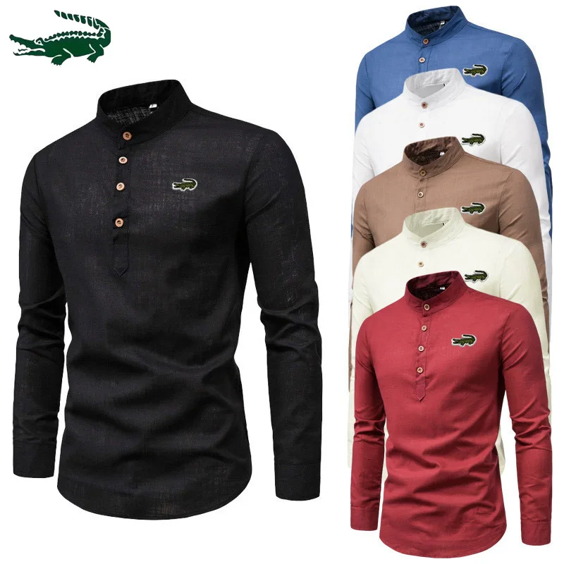 

Cotton Linen Casual Shirts For Men Solid Embroidery Stand Collar Full Sleeve Autumn T Shirts 5XL Plus Size Slim Man T-shirt Tops