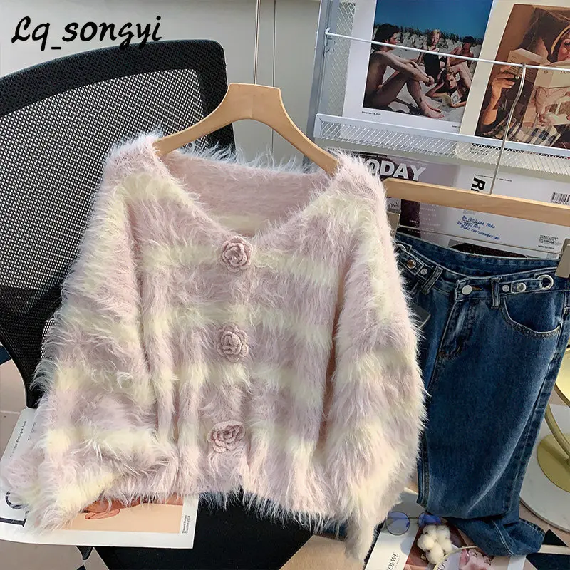 

Faux Mink Cashmere Short Cardigan for Women Flower Buttons Autumn Winter Puff Sleeve Soft Striped Knit Coats Y2K Lq_songyi SY47