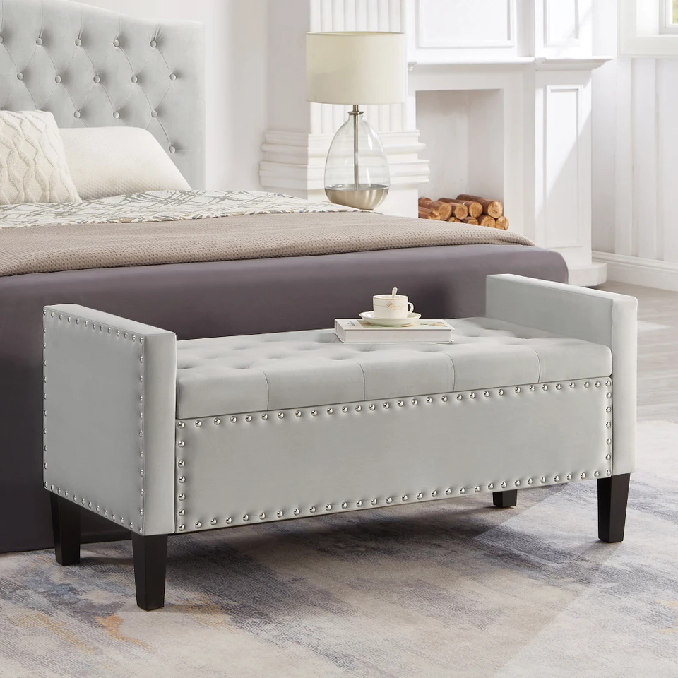 Elegant Upholstered Storage Bench with Armrests