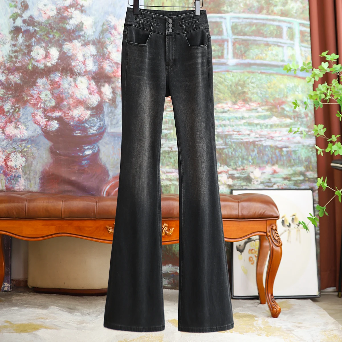 

Autumn and Winter Hundred with Thin Velvet Lengthened Micro Flare Jeans Female 2023 Fall New American Retro Washed Pants