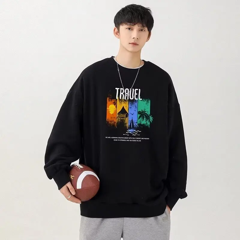 

Cotton Men's Sportswear Autumn Korean O Neck Long Sleeved T-shirt Harajuku High Street Fashion Men's Clothes Printed White Top