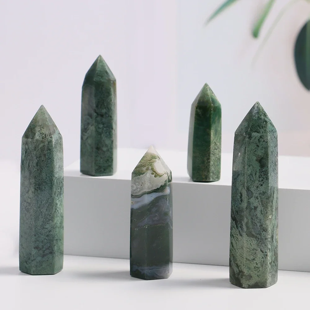 

Mineraali Natural Moss Agate Tower Crystal Wand Green Water Grass Point Reiki Quartz Obelisk Ornament Column Home Decorative Gem