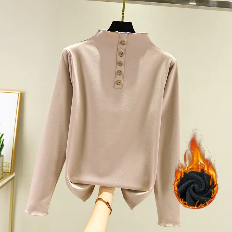 

2024 Women's Autumn Winter New Long-sleeved Loose T-shirt Female Thick Warm Tops Tees Ladies Solid Color Pullover T Shirts H309