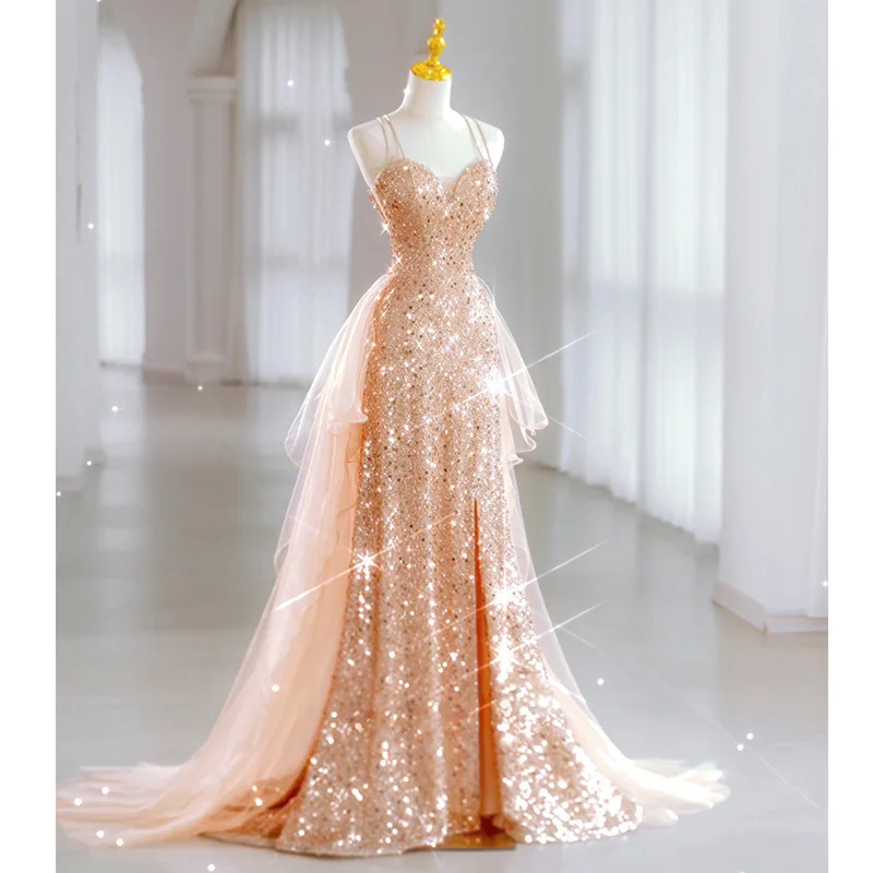 

Sexy Spaghetti Strap Luxury Evening Dresses Exquisite Sequin Floor-Length Celebrity Party Dress Female Elegant Ball Gown