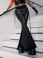 Sexy Lace See-tough Bell Bot Pants High Waist Slimming Dancewear Casual Long Bla Pants for Women Spring Season