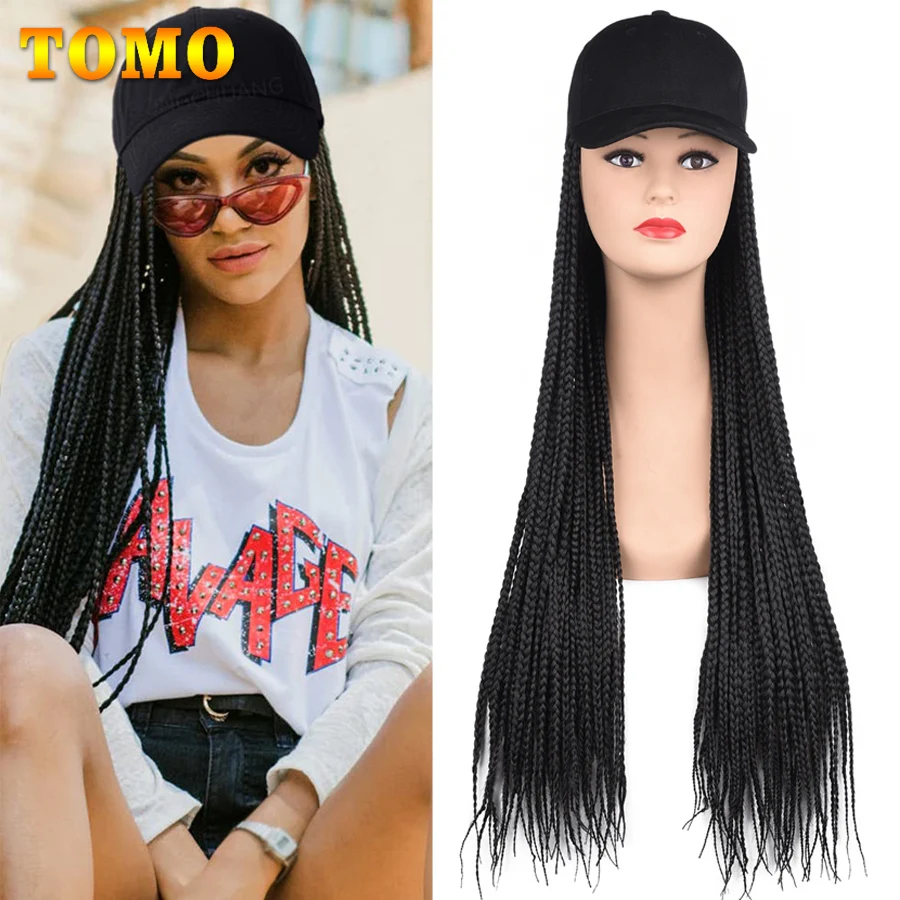 TOMO Long Box Braids Wig With Baseball Cap 24 Inch Ombre Synthetic Braids Hair Extensions For Women Daily Wear Adjustable Hat