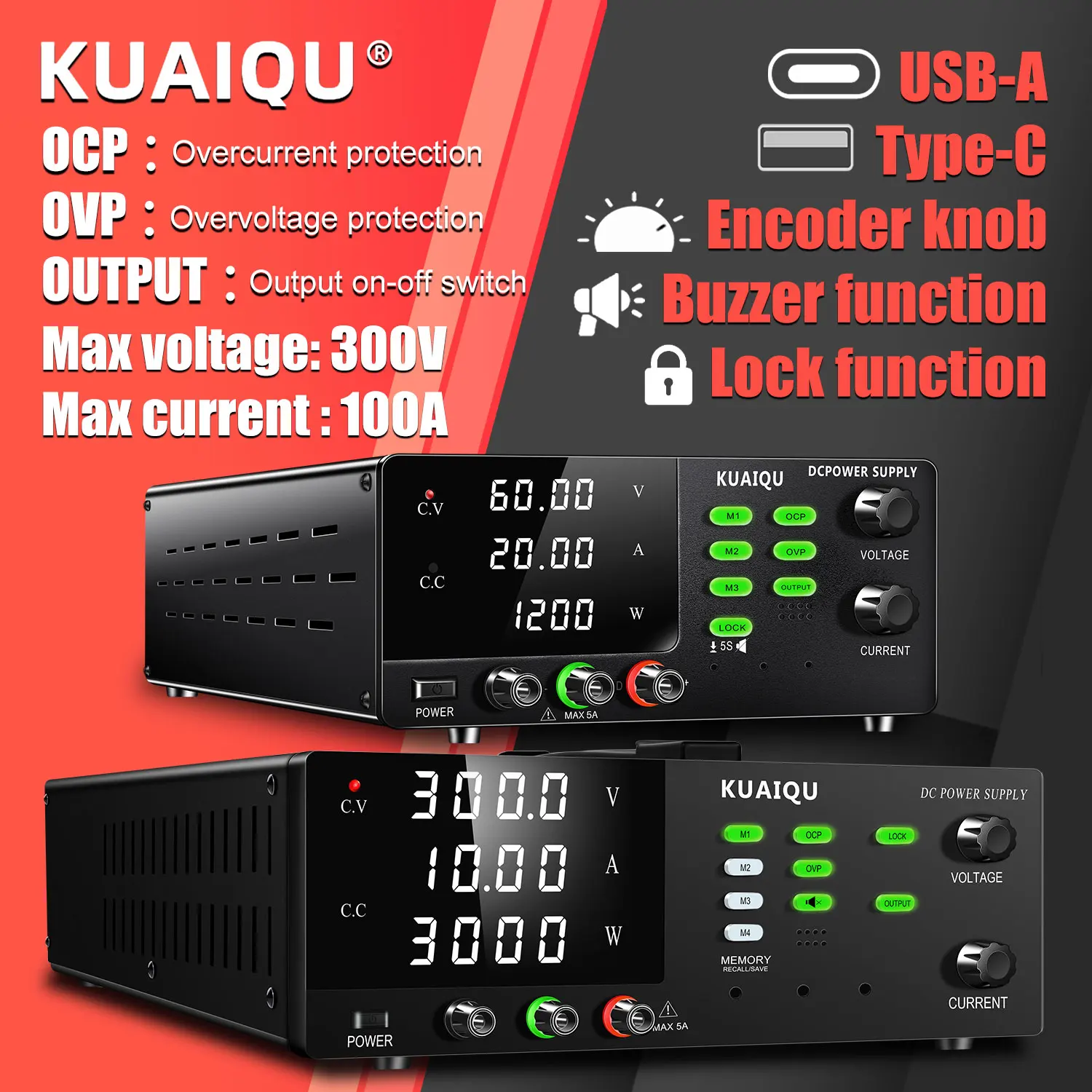 แหล่งจ่ายไฟแบบปรับค่าได้ KUAIQU 3000W กำลังสูง 1000V 300V 200V 100A 60A 30A สำหรับห้องปฏิบัติการ พร้อมระบบป้องกันกระแสเกิน (OCP) และป้องกันแรงดันเกิน (OVP) และสวิตช์ควบคุมการจ่ายไฟ 1