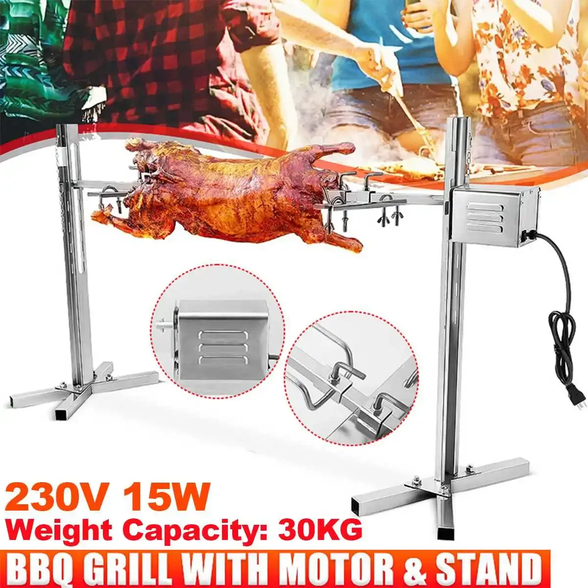 

Stainless Steel Electric Motor Outdoor Rotisserie BBQ Spit Roaster Grill Rod Camping Barbecue Kits BBQ Tools EU Plug 15W 230V