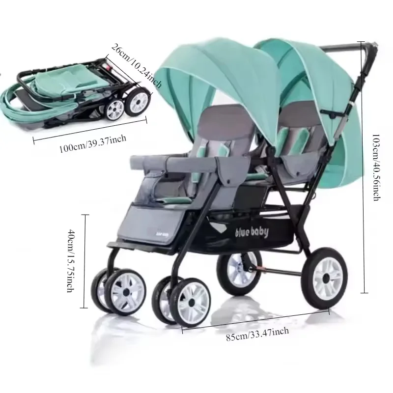 Large Double Stroller Sit Lying Foldable Portable Front & Rear Seat with Adjustable Backrest Canopy Double Brake Storage Basket