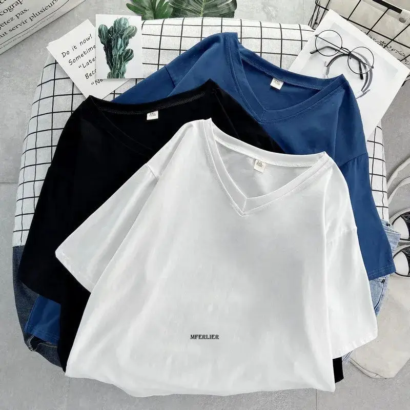 

Large Size 6XL 150kg Summer Black T Shirts Women V Neck Short Sleeve Casual T shirt Tops Big Size Loose Tops Tees Female
