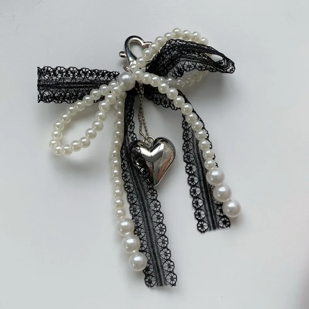 Wayfadacc Creative Heart Lace Bows Keychain With Pearls