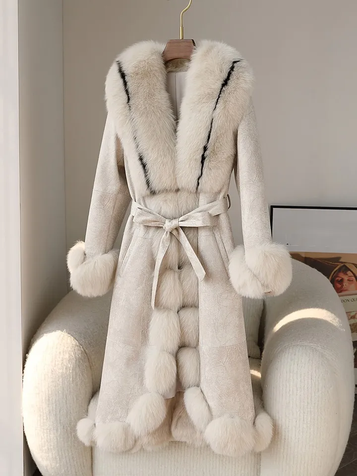 Hochwertige Wildleder Mantel Frauen Luxus Winter Kaninchen Fell Futter  warmen langen Mantel Fuchs Pelz Kragen elegante Büro Damen Mäntel  AliExpress 200000345