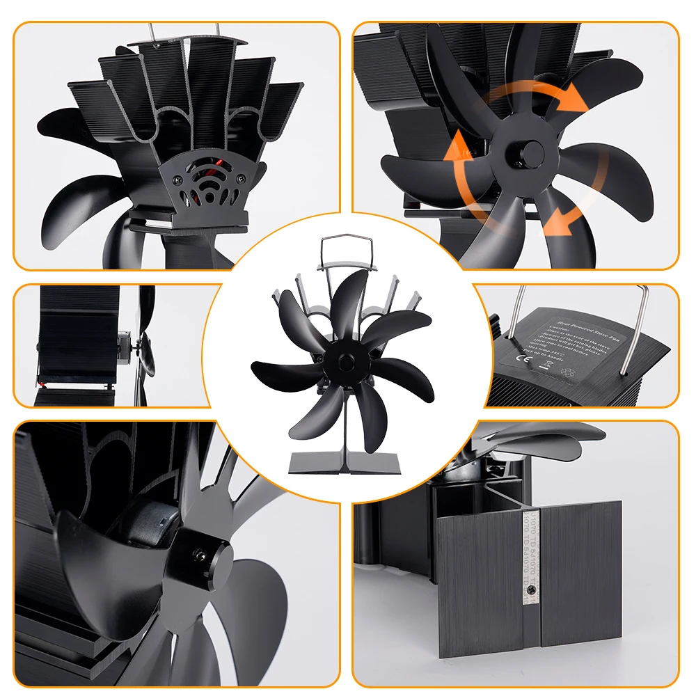 Fireplace Fan 7 Blade Thermal Standing Classic Cordless Low Noise Home Ice Fishing Log Burner Aluminum Alloy No Electricity