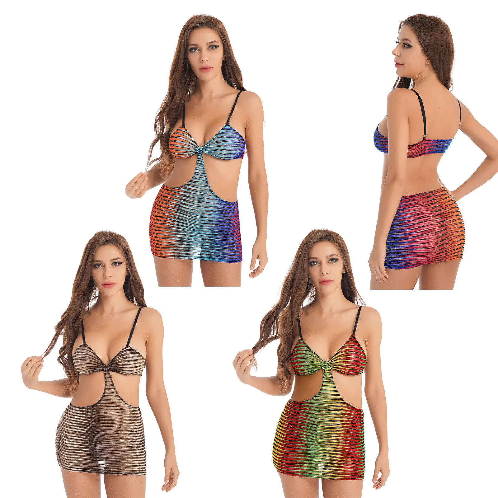 

Womens Minimal Coverage Colorful Stripe Mini Dress Summer Spaghetti Strap See Through Beachwear Nightwear
