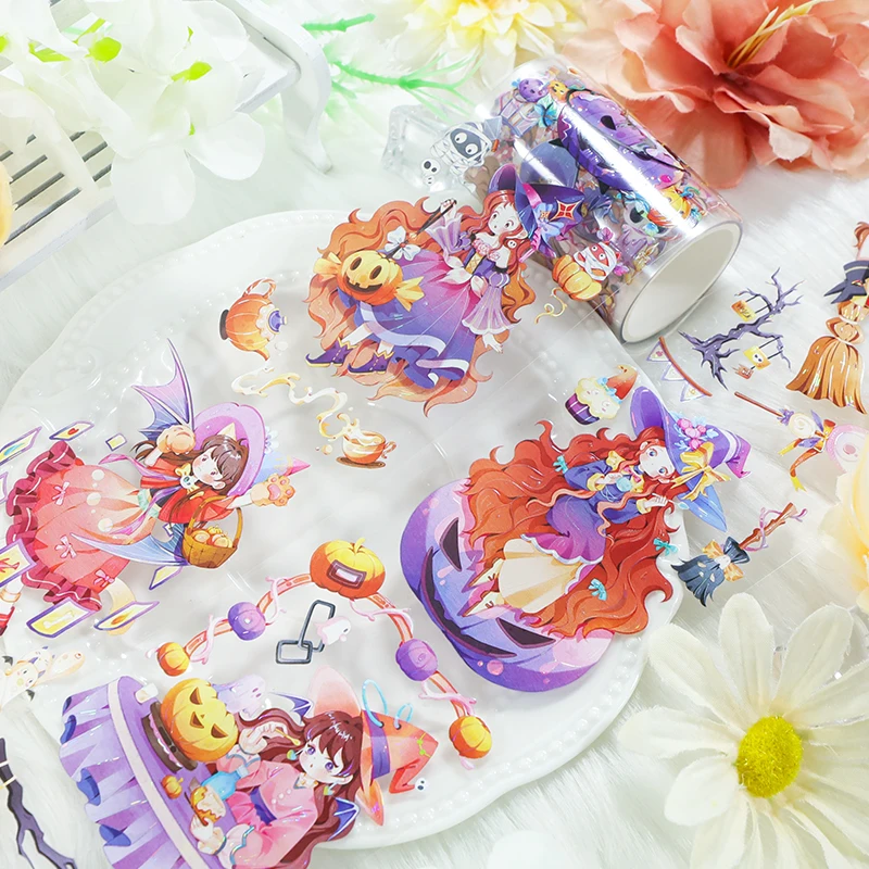 60mm*200cm 빈티지 할로윈 마녀 캐릭터 풍경 PET 테이프 창의적인 DIY 저널 재료 콜라주 문구류