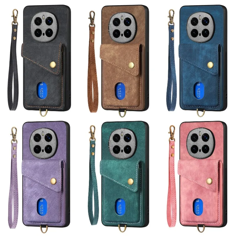 PU Leather Flip Wallet Card Holder Case with Stand, Lanyard, and Shockproof Bumper Cover
