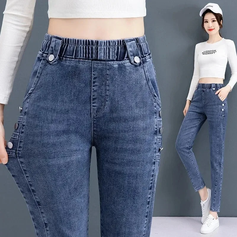 

Button Pantalones Vintage Jeansy High Waist Skinny Pencil Jeans Femme Korean Stretch Vaqueros Casual Streetwear Slim Denim Pants