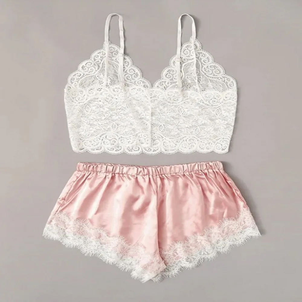 Sexy Lace Silk Sleepwear Two Piece Set of Suspender Shorts for Women Pajamas Set Lingerie Crop Tops Shorts Nightwear women pajamas set,women pajama suit,women silk underwear set