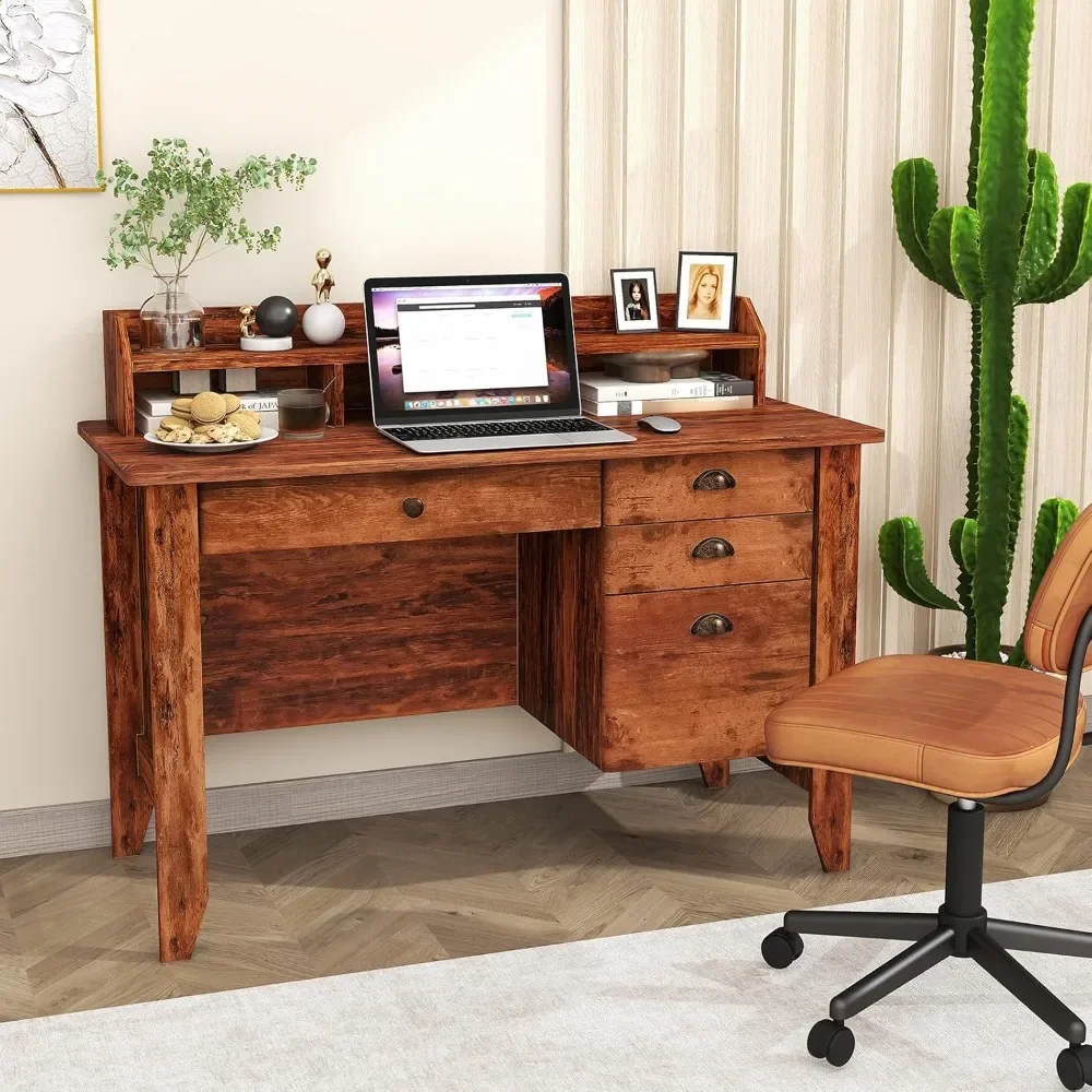 48" Computer Desk with 4 Storage Drawers，Hutch for PC Laptop Table，3 Storage Cabinets，Wood Executive Table